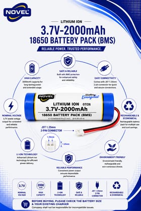 NOVEL 3.7V 18650 BMS LITHIUM ION BATTERY WITH JST 1.25mm PIN- 2000mAh