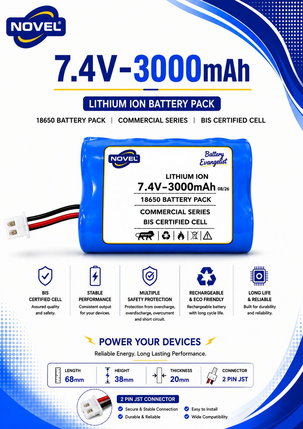 NOVEL 7.4V BMS 18650 LITHIUM ION DUAL BATTERY PACK WITH JST 2PIN- 3000mAh
