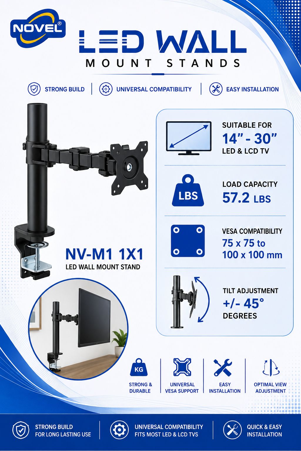 NOVEL NV-M1 1X1 LED/LCD TV Wall Mount Stand — Strong Support, Flexible Viewing & Space-Saving Convenience.