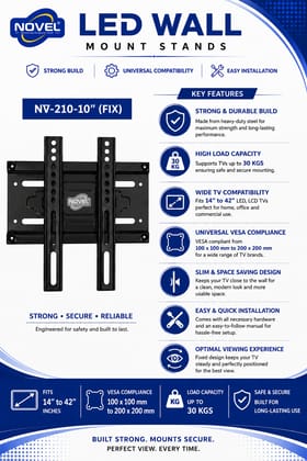 NOVEL NV-210-10 (FIX) LED/LCD/Smart TV Wall Mount Stand for 14 to 42 Inch TVs | VESA 100x100 to 200x200 mm | 30 kg Load Capacity | 25 mm Ultra-Slim Fixed Wall Mount