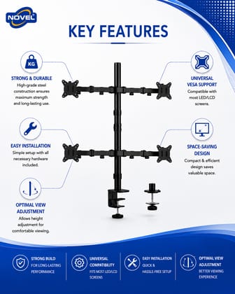 NOVEL NV-M3 1X4 Heavy-Duty Quad Monitor LED/LCD Wall Mount Stand with Universal VESA Support, Height Adjustment & Desk Clamp/Grommet Base