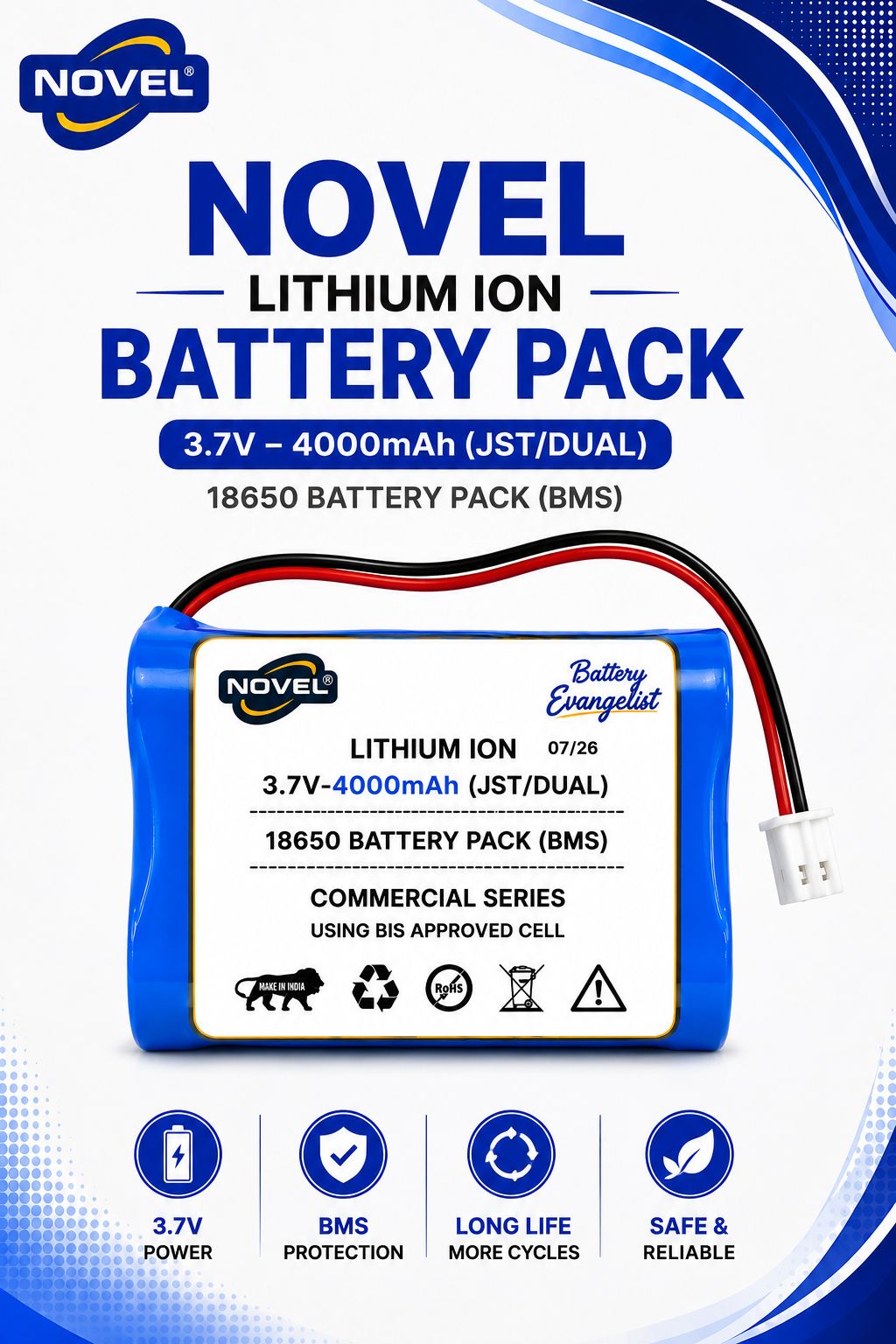 NOVEL 3.7V BMS 18650 LITHIUM ION DUAL BATTERY PACK WITH JST 2PIN- 4000mAh