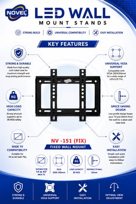 NOVEL NV-151 (FIX) Heavy Duty Fixed LED/LCD TV Wall Mount Bracket for 14 to 42 Inch TVs | VESA 200×200mm Compatible | 30kg Load Capacity | Ultra-Slim 20mm Distance to Wall | Strong & Space-Saving Design