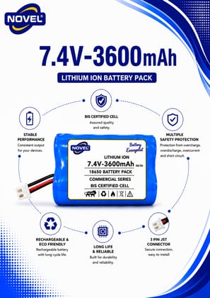 NOVEL 7.4V BMS 18650 LITHIUM ION DUAL BATTERY PACK WITH JST 2PIN- 3600mAh