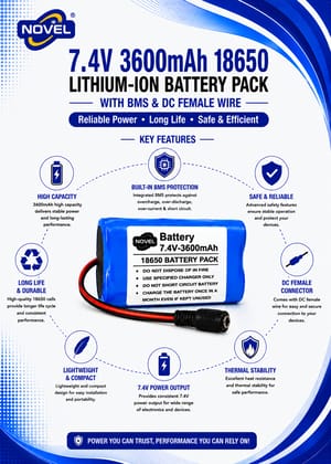NOVEL 11.1V / 12V / 12.6V 18650 BMS LITHIUM ION BATTERY PACK WITH DC FEMALE + MALE- 3600mAh