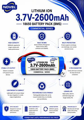 NOVEL 3.7V BMS 18650 LITHIUM ION SINGLE BATTERY WITH JST 2PIN- 2600mAh