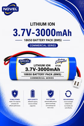 NOVEL 3.7V BMS 18650 LITHIUM ION SINGLE BATTERY WITH JST 2PIN- 3000mAh