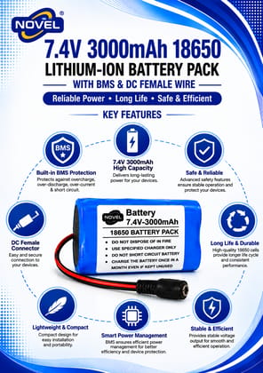 NOVEL 11.1V - 12V 18650 BMS LITHIUM ION BATTERY PACK WITH DC MALE + FEMALE- 3000mAh