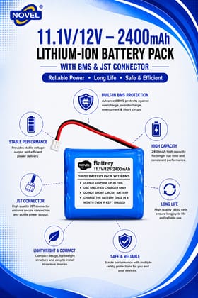 NOVEL 11.1V - 12V 18650 BMS LITHIUM ION BATTERY PACK WITH JST PIN- 2400mAh