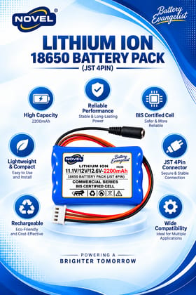 NOVEL 11.1V / 12V / 12.6V 18650 BMS LITHIUM ION BATTERY PACK WITH DC FEMALE + JST 4 PIN- 2200mAh