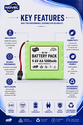 NOVEL 9.6V AA 5000mAh NI-CD Rechargeable Battery SM PIN