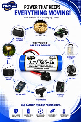 NOVEL 3.7V 18650 LITHIUM ION SM PIN BATTERY WITH CHARGING CABLE- 800mAh