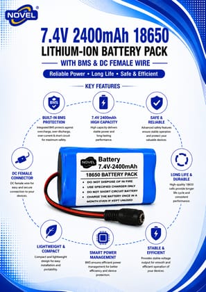 NOVEL 11.1V - 12V 18650 BMS LITHIUM ION BATTERY PACK WITH DC MALE + FEMALE- 2400mAh